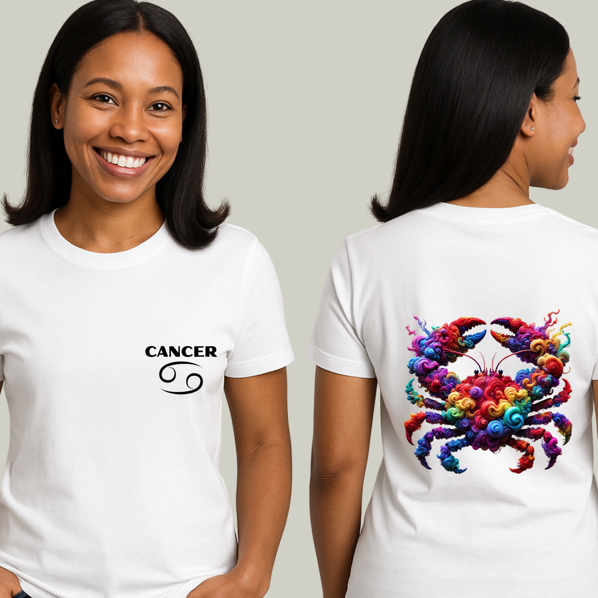 Cancer Zodiac T-Shirt | Colorful Crab Front & Back Graphic Tee