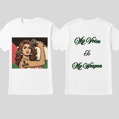 My Voice Is My Weapon T-Shirt | Women’s Empowerment Front & Back Tee